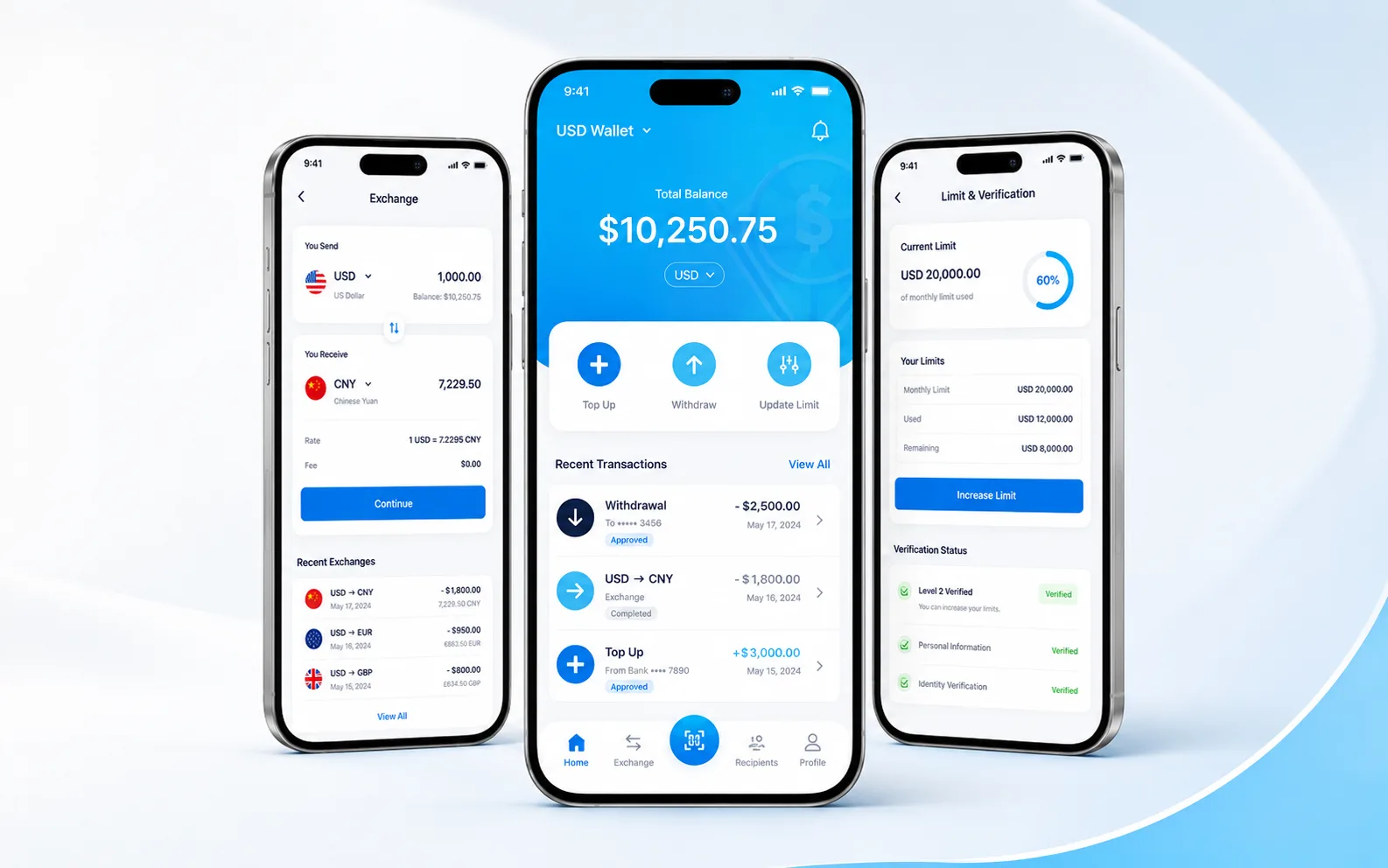 Able Group FX app wallet screen showing a USD balance, top up and withdraw actions and recent transactions
