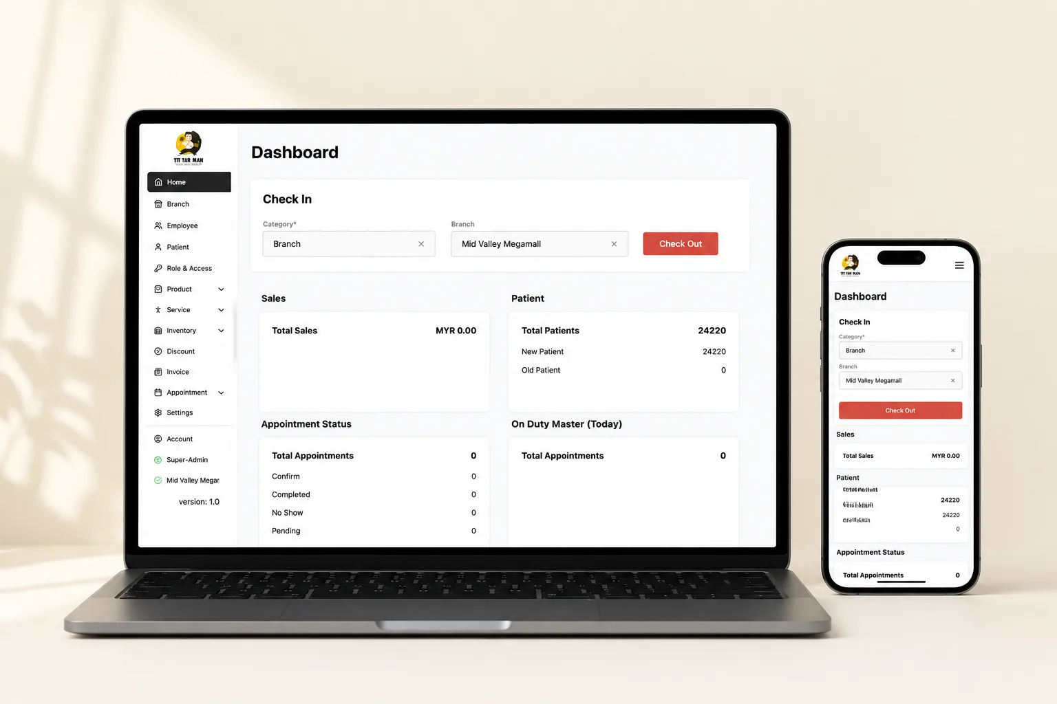 Tit Tar Man web POS dashboard with branch check-in, sales, patient totals and appointment status